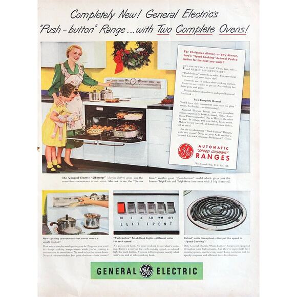 Vtg GE General Electric Range Oven Ad Yellow Green Retro Kitchen Cooking Stove - Picture 1 of 1